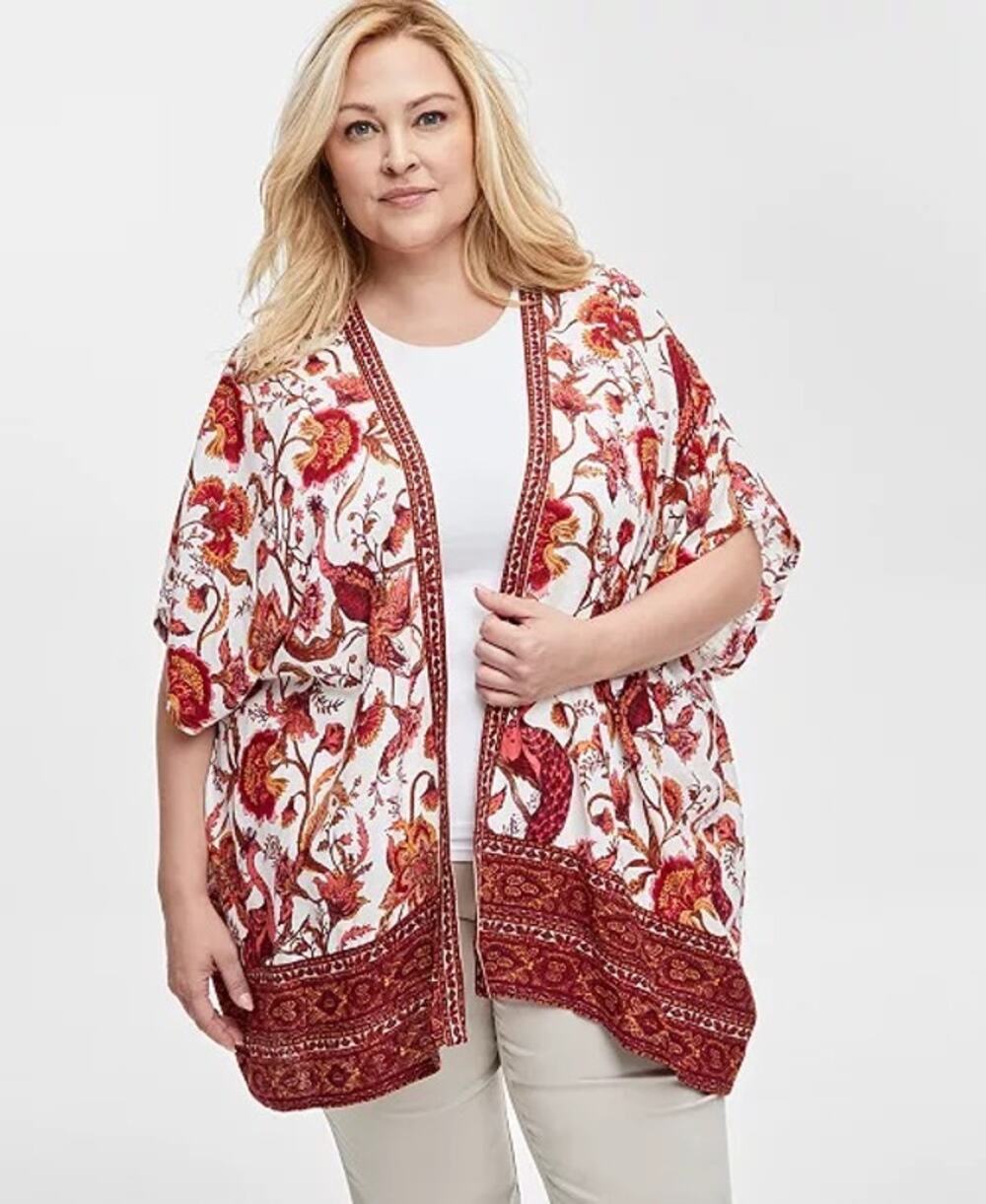 JM Collection Woven Printed Open-Front Kimono Top Size 1X Plus Size